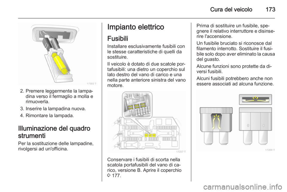 OPEL ZAFIRA B 2014  Manuale di uso e manutenzione (in Italian) Cura del veicolo173
2. Premere leggermente la lampa‐dina verso il fermaglio a molla e
rimuoverla.
3. Inserire la lampadina nuova.
4. Rimontare la lampada.
Illuminazione del quadro strumenti
Per la s