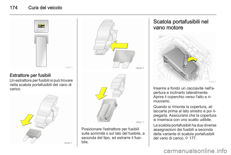 OPEL ZAFIRA B 2014  Manuale di uso e manutenzione (in Italian) 174Cura del veicolo
Estrattore per fusibili
Un estrattore per fusibili si può trovare nella scatola portafusibili del vano di
carico.
Posizionare l'estrattore per fusibili
sulla sommità o sul la