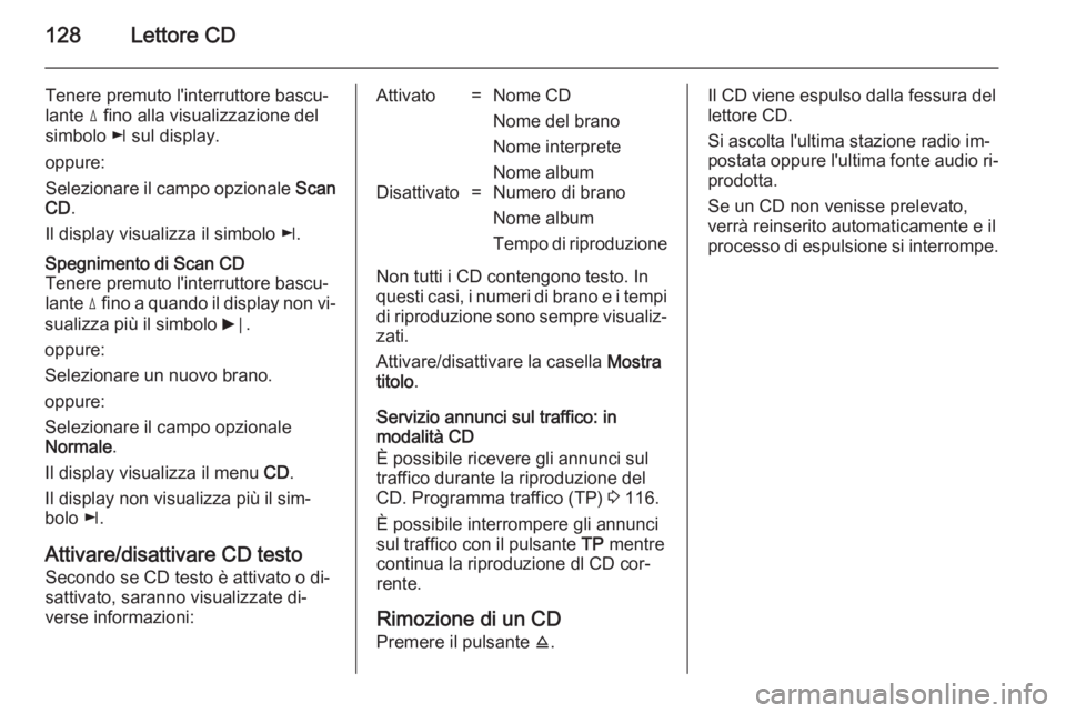 OPEL ZAFIRA B 2014.5 Manuale del sistema Infotainment (in Italian) 128Lettore CD
Tenere premuto l'interruttore bascu‐
lante d fino alla visualizzazione del
simbolo k sul display.
oppure:
Selezionare il campo opzionale Scan
CD .
Il display visualizza il simbo OPEL ZAFIRA B 2014.5 Manuale del sistema Infotainment (in Italian) 128Lettore CD
Tenere premuto l'interruttore bascu‐
lante d fino alla visualizzazione del
simbolo k sul display.
oppure:
Selezionare il campo opzionale Scan
CD .
Il display visualizza il simbo