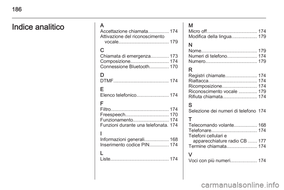 OPEL ZAFIRA B 2014.5  Manuale del sistema Infotainment (in Italian) 186Indice analiticoAAccettazione chiamata ...............174
Attivazione del riconoscimento vocale ...................................... 179
C
Chiamata di emergenza .............173
Composizione ....