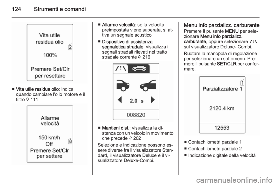 OPEL ZAFIRA C 2014  Manuale di uso e manutenzione (in Italian) 124Strumenti e comandi
■Vita utile residua olio : indica
quando cambiare l'olio motore e il filtro  3 111
■ Allarme velocità : se la velocità
preimpostata viene superata, si at‐
tiva un se