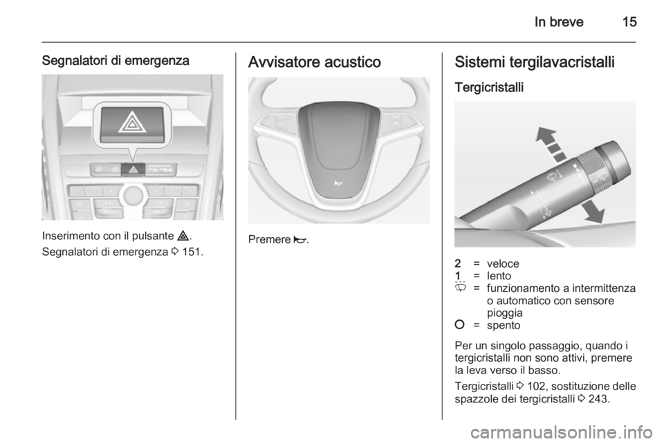 OPEL ZAFIRA C 2014  Manuale di uso e manutenzione (in Italian) In breve15
Segnalatori di emergenza
Inserimento con il pulsante ¨.
Segnalatori di emergenza  3 151.
Avvisatore acustico
Premere  j.
Sistemi tergilavacristalli
Tergicristalli2=veloce1=lentoP=funzionam