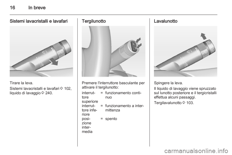 OPEL ZAFIRA C 2014  Manuale di uso e manutenzione (in Italian) 16In breve
Sistemi lavacristalli e lavafari
Tirare la leva.
Sistemi lavacristalli e lavafari  3 102,
liquido di lavaggio  3 240.
Tergilunotto
Premere l'interruttore basculante per
attivare il terg