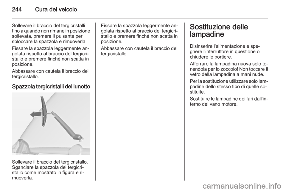 OPEL ZAFIRA C 2014 Manuale di uso e manutenzione (in Italian) 244Cura del veicolo
Sollevare il braccio del tergicristallifino a quando non rimane in posizione sollevata, premere il pulsante per
sbloccare la spazzola e rimuoverla
Fissare la spazzola leggermente a OPEL ZAFIRA C 2014 Manuale di uso e manutenzione (in Italian) 244Cura del veicolo
Sollevare il braccio del tergicristallifino a quando non rimane in posizione sollevata, premere il pulsante per
sbloccare la spazzola e rimuoverla
Fissare la spazzola leggermente a