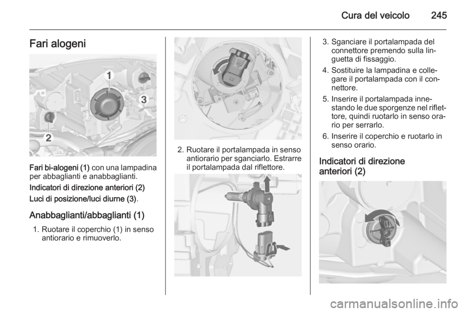 OPEL ZAFIRA C 2014 Manuale di uso e manutenzione (in Italian) Cura del veicolo245Fari alogeni
Fari bi-alogeni (1) con una lampadina
per abbaglianti e anabbaglianti.
Indicatori di direzione anteriori (2)
Luci di posizione/luci diurne (3) .
Anabbaglianti/abbaglian OPEL ZAFIRA C 2014 Manuale di uso e manutenzione (in Italian) Cura del veicolo245Fari alogeni
Fari bi-alogeni (1) con una lampadina
per abbaglianti e anabbaglianti.
Indicatori di direzione anteriori (2)
Luci di posizione/luci diurne (3) .
Anabbaglianti/abbaglian