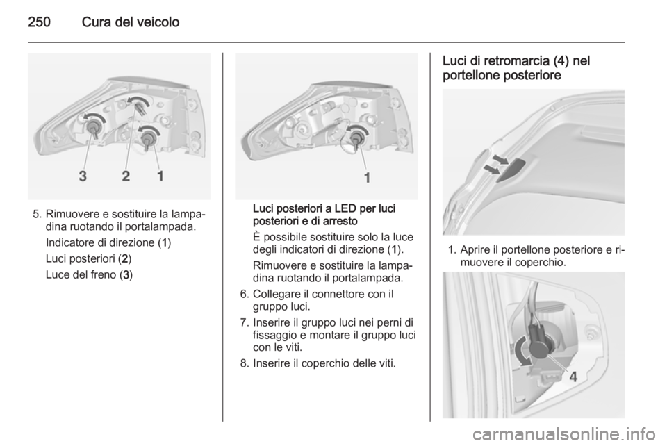 OPEL ZAFIRA C 2014  Manuale di uso e manutenzione (in Italian) 250Cura del veicolo
5. Rimuovere e sostituire la lampa‐dina ruotando il portalampada.
Indicatore di direzione ( 1)
Luci posteriori ( 2)
Luce del freno ( 3)Luci posteriori a LED per luci
posteriori e