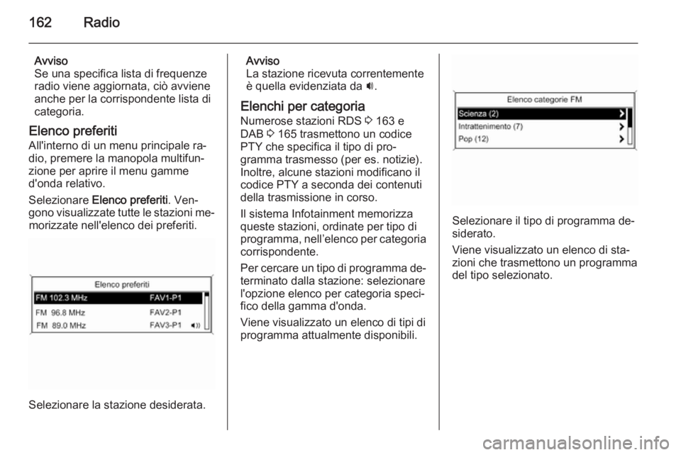 OPEL ZAFIRA C 2015 Manuale del sistema Infotainment (in Italian) 162Radio
Avviso
Se una specifica lista di frequenze
radio viene aggiornata, ciò avviene
anche per la corrispondente lista di
categoria.
Elenco preferiti All'interno di un menu principale ra‐
di OPEL ZAFIRA C 2015 Manuale del sistema Infotainment (in Italian) 162Radio
Avviso
Se una specifica lista di frequenze
radio viene aggiornata, ciò avviene
anche per la corrispondente lista di
categoria.
Elenco preferiti All'interno di un menu principale ra‐
di