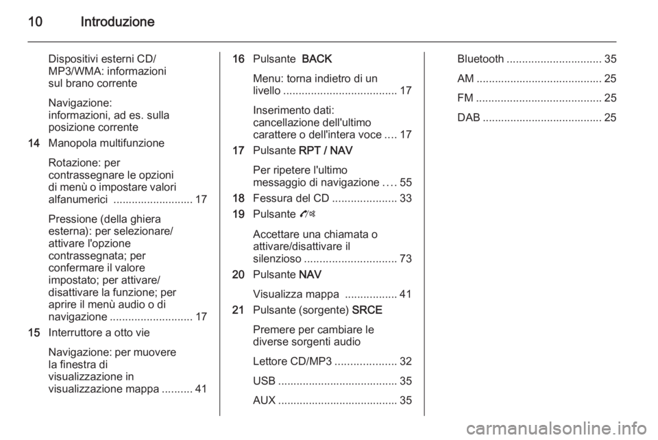 OPEL ZAFIRA C 2015 Manuale del sistema Infotainment (in Italian) 10Introduzione
Dispositivi esterni CD/
MP3/WMA: informazioni
sul brano corrente
Navigazione:
informazioni, ad es. sulla
posizione corrente
14 Manopola multifunzione
Rotazione: per
contrassegnare le op OPEL ZAFIRA C 2015 Manuale del sistema Infotainment (in Italian) 10Introduzione
Dispositivi esterni CD/
MP3/WMA: informazioni
sul brano corrente
Navigazione:
informazioni, ad es. sulla
posizione corrente
14 Manopola multifunzione
Rotazione: per
contrassegnare le op