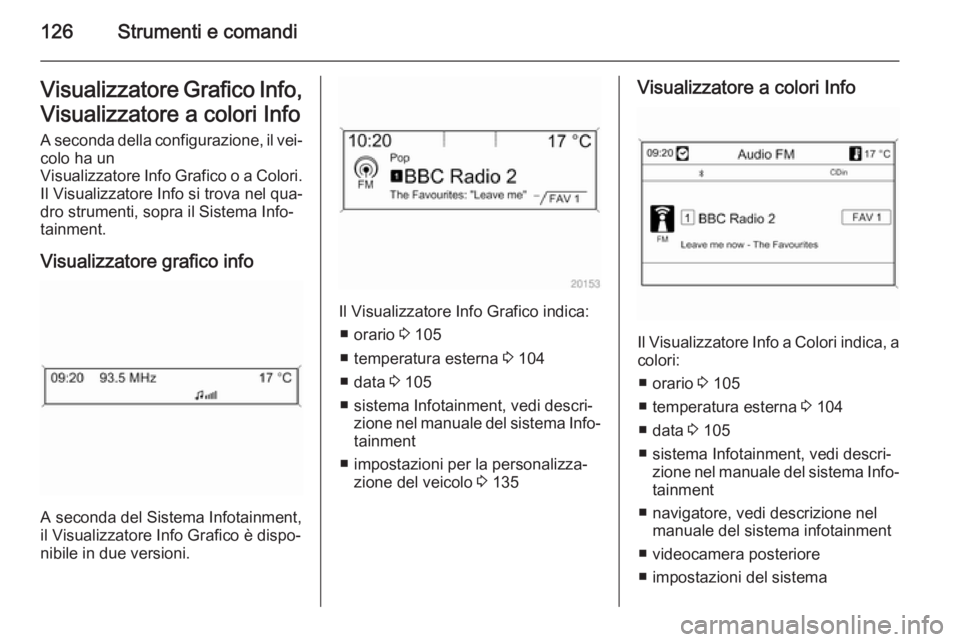 OPEL ZAFIRA C 2015  Manuale di uso e manutenzione (in Italian) 126Strumenti e comandiVisualizzatore Grafico Info,Visualizzatore a colori Info
A seconda della configurazione, il vei‐
colo ha un
Visualizzatore Info Grafico o a Colori. Il Visualizzatore Info si tr