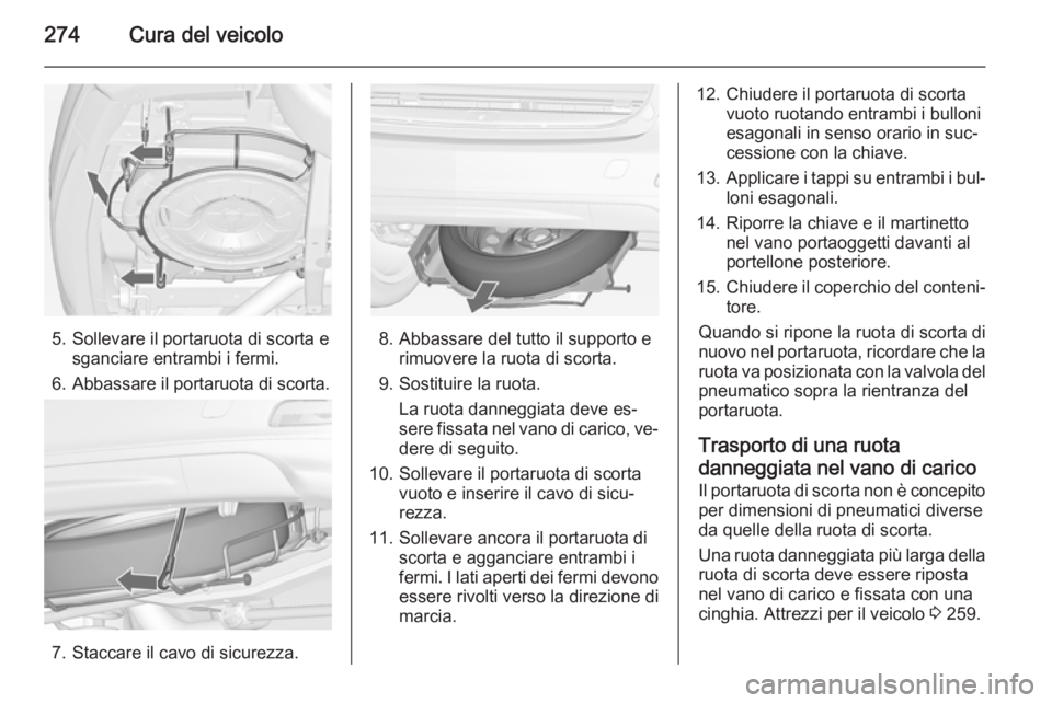 OPEL ZAFIRA C 2015  Manuale di uso e manutenzione (in Italian) 274Cura del veicolo
5. Sollevare il portaruota di scorta esganciare entrambi i fermi.
6. Abbassare il portaruota di scorta.
7. Staccare il cavo di sicurezza.
8. Abbassare del tutto il supporto e rimuo