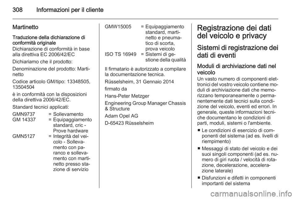 OPEL ZAFIRA C 2015  Manuale di uso e manutenzione (in Italian) 308Informazioni per il cliente
Martinetto
Traduzione della dichiarazione di
conformità originale
Dichiarazione di conformità in base
alla direttiva EC 2006/42/EC
Dichiariamo che il prodotto:
Denomin