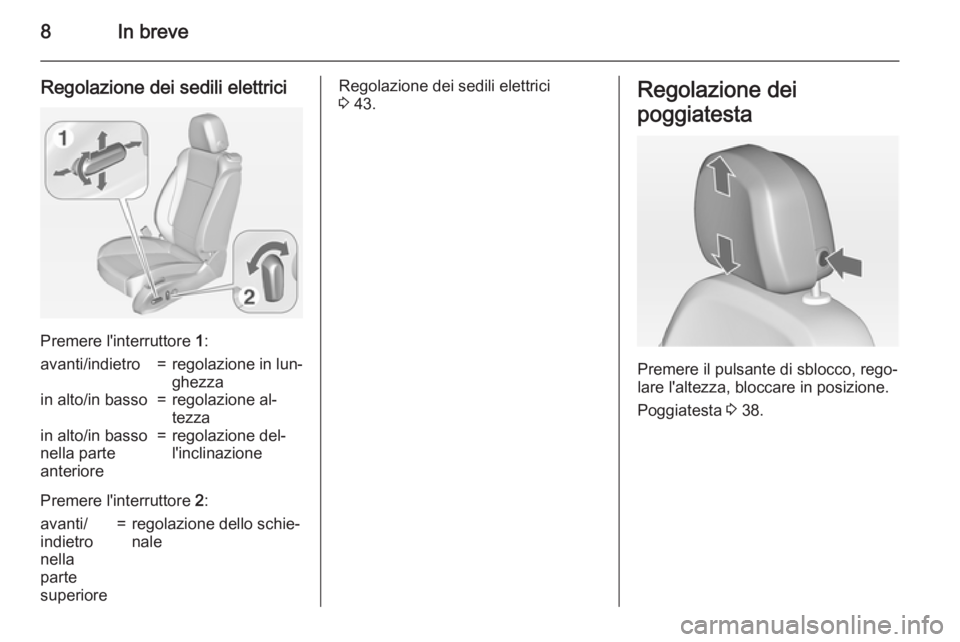 OPEL ZAFIRA C 2015  Manuale di uso e manutenzione (in Italian) 8In breve
Regolazione dei sedili elettrici
Premere l'interruttore 1:
avanti/indietro=regolazione in lun‐
ghezzain alto/in basso=regolazione al‐
tezzain alto/in basso
nella parte
anteriore=rego