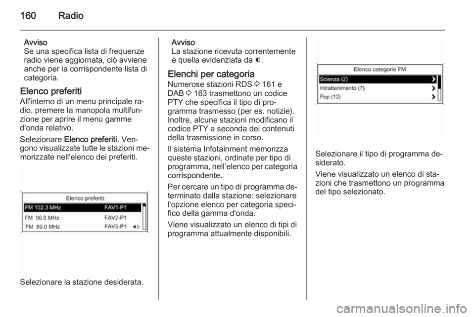 OPEL ZAFIRA C 2015.5 Manuale del sistema Infotainment (in Italian) 160Radio
Avviso
Se una specifica lista di frequenze
radio viene aggiornata, ciò avviene
anche per la corrispondente lista di
categoria.
Elenco preferiti All'interno di un menu principale ra‐
di OPEL ZAFIRA C 2015.5 Manuale del sistema Infotainment (in Italian) 160Radio
Avviso
Se una specifica lista di frequenze
radio viene aggiornata, ciò avviene
anche per la corrispondente lista di
categoria.
Elenco preferiti All'interno di un menu principale ra‐
di
