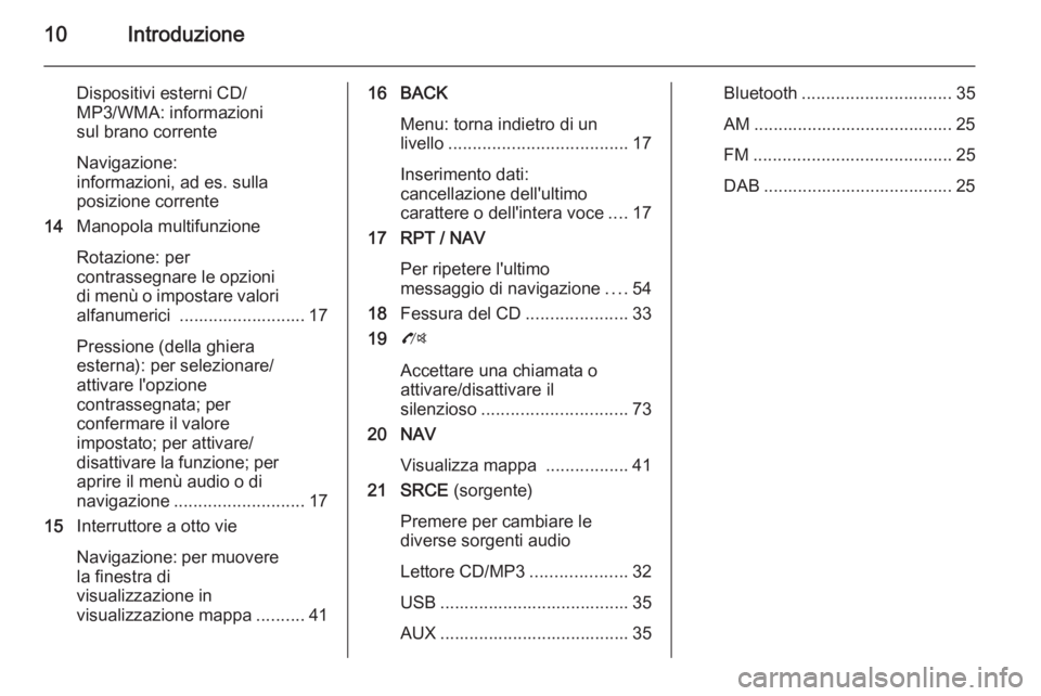 OPEL ZAFIRA C 2015.5 Manuale del sistema Infotainment (in Italian) 10Introduzione
Dispositivi esterni CD/
MP3/WMA: informazioni
sul brano corrente
Navigazione:
informazioni, ad es. sulla
posizione corrente
14 Manopola multifunzione
Rotazione: per
contrassegnare le op OPEL ZAFIRA C 2015.5 Manuale del sistema Infotainment (in Italian) 10Introduzione
Dispositivi esterni CD/
MP3/WMA: informazioni
sul brano corrente
Navigazione:
informazioni, ad es. sulla
posizione corrente
14 Manopola multifunzione
Rotazione: per
contrassegnare le op