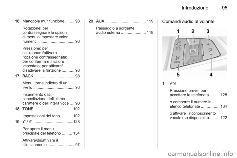 OPEL ZAFIRA C 2015.5 Manuale del sistema Infotainment (in Italian) Introduzione95
16Manopola multifunzione ........98
Rotazione: per
contrassegnare le opzioni
di menu o impostare valori
numerici ............................... 98
Pressione: per
selezionare/attivare
OPEL ZAFIRA C 2015.5 Manuale del sistema Infotainment (in Italian) Introduzione95
16Manopola multifunzione ........98
Rotazione: per
contrassegnare le opzioni
di menu o impostare valori
numerici ............................... 98
Pressione: per
selezionare/attivare
