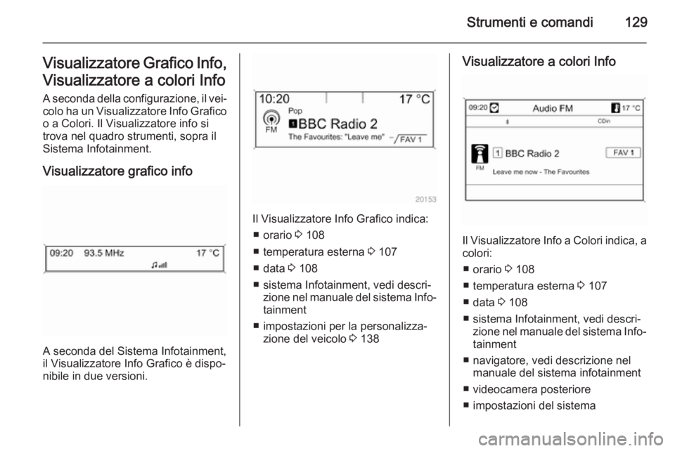 OPEL ZAFIRA C 2015.5  Manuale di uso e manutenzione (in Italian) Strumenti e comandi129Visualizzatore Grafico Info,
Visualizzatore a colori Info A seconda della configurazione, il vei‐
colo ha un Visualizzatore Info Grafico o a Colori. Il Visualizzatore info si
t