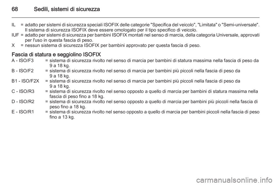 OPEL ZAFIRA C 2015.5 Manuale di uso e manutenzione (in Italian) 68Sedili, sistemi di sicurezza
IL=adatto per sistemi di sicurezza speciali ISOFIX delle categorie "Specifica del veicolo", "Limitata" o "Semi-universale".
Il sistema di sicurez OPEL ZAFIRA C 2015.5 Manuale di uso e manutenzione (in Italian) 68Sedili, sistemi di sicurezza
IL=adatto per sistemi di sicurezza speciali ISOFIX delle categorie "Specifica del veicolo", "Limitata" o "Semi-universale".
Il sistema di sicurez