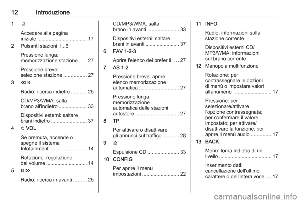 OPEL ZAFIRA C 2016  Manuale del sistema Infotainment (in Italian) 12Introduzione1;
Accedere alla pagina
iniziale ................................... 17
2 Pulsanti stazioni 1...6
Pressione lunga:
memorizzazione stazione .....27
Pressione breve:
selezione stazione ...