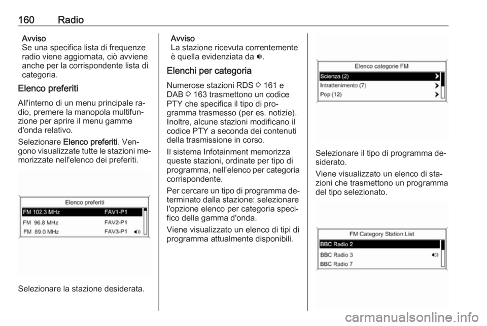 OPEL ZAFIRA C 2016  Manuale del sistema Infotainment (in Italian) 160RadioAvviso
Se una specifica lista di frequenze
radio viene aggiornata, ciò avviene
anche per la corrispondente lista di
categoria.
Elenco preferiti
All'interno di un menu principale ra‐
dio