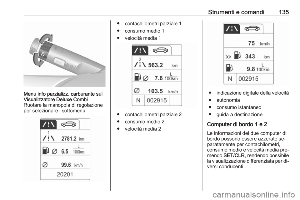 OPEL ZAFIRA C 2016 Manuale di uso e manutenzione (in Italian) Strumenti e comandi135Menu info parzializz. carburante sul
Visualizzatore Deluxe Combi
Ruotare la manopola di regolazione
per selezionare i sottomenu:● contachilometri parziale 1
● consumo medio 1 OPEL ZAFIRA C 2016 Manuale di uso e manutenzione (in Italian) Strumenti e comandi135Menu info parzializz. carburante sul
Visualizzatore Deluxe Combi
Ruotare la manopola di regolazione
per selezionare i sottomenu:● contachilometri parziale 1
● consumo medio 1