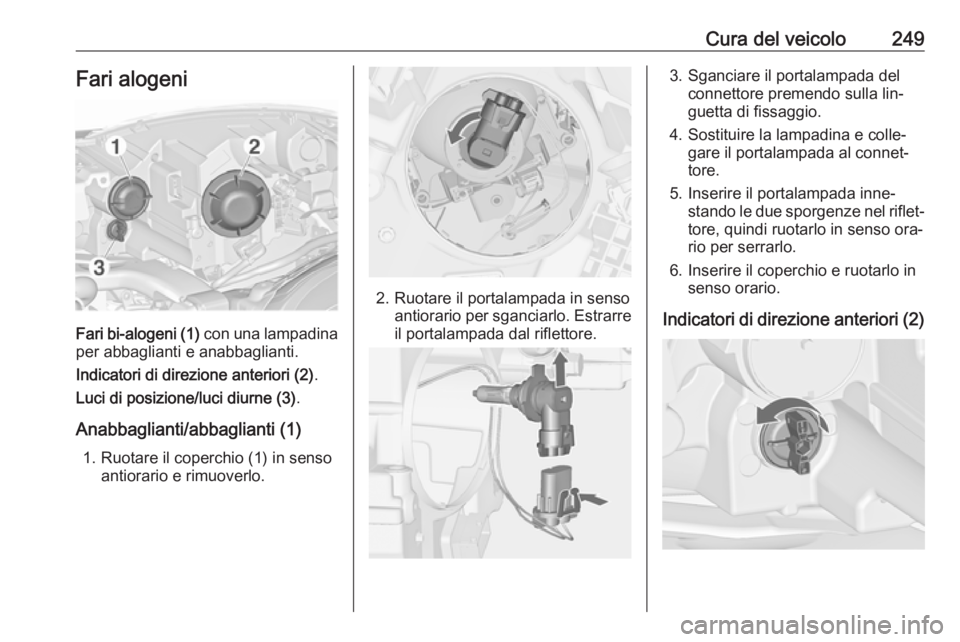 OPEL ZAFIRA C 2016  Manuale di uso e manutenzione (in Italian) Cura del veicolo249Fari alogeni
Fari bi-alogeni (1) con una lampadina
per abbaglianti e anabbaglianti.
Indicatori di direzione anteriori (2) .
Luci di posizione/luci diurne (3) .
Anabbaglianti/abbagli