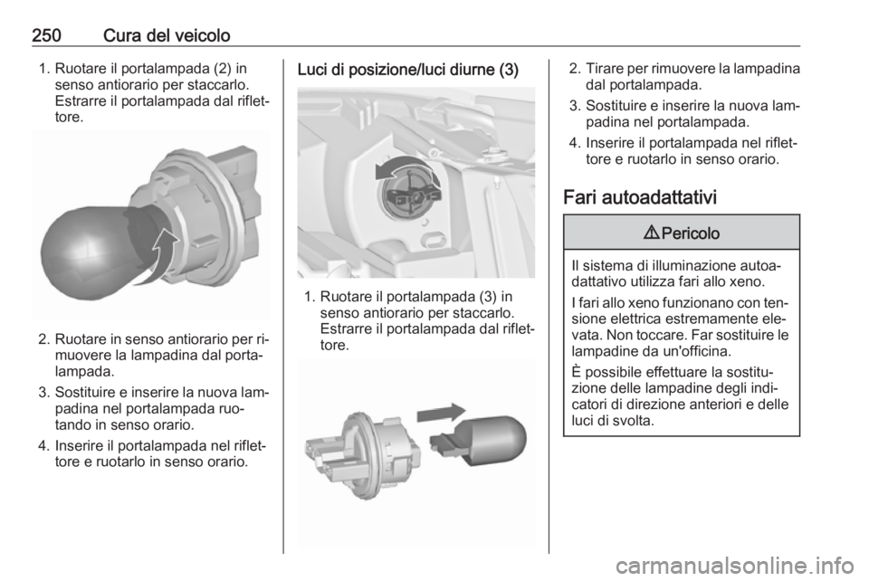 OPEL ZAFIRA C 2016  Manuale di uso e manutenzione (in Italian) 250Cura del veicolo1. Ruotare il portalampada (2) insenso antiorario per staccarlo.
Estrarre il portalampada dal riflet‐
tore.
2. Ruotare in senso antiorario per ri‐
muovere la lampadina dal porta
