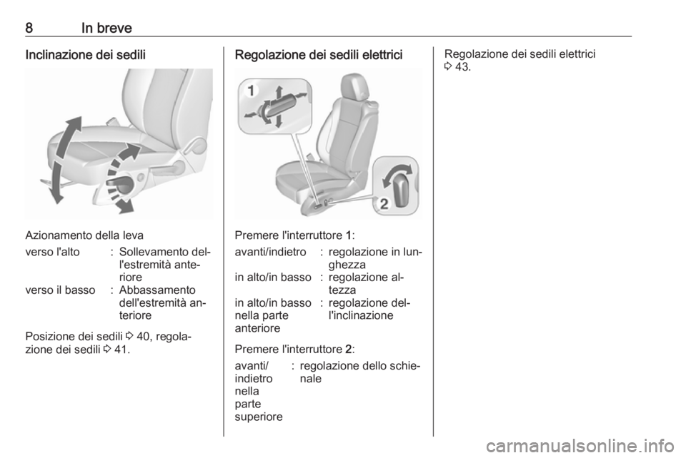 OPEL ZAFIRA C 2016  Manuale di uso e manutenzione (in Italian) 8In breveInclinazione dei sedili
Azionamento della leva
verso l'alto:Sollevamento del‐
l'estremità ante‐
rioreverso il basso:Abbassamento
dell'estremità an‐
teriore
Posizione dei s