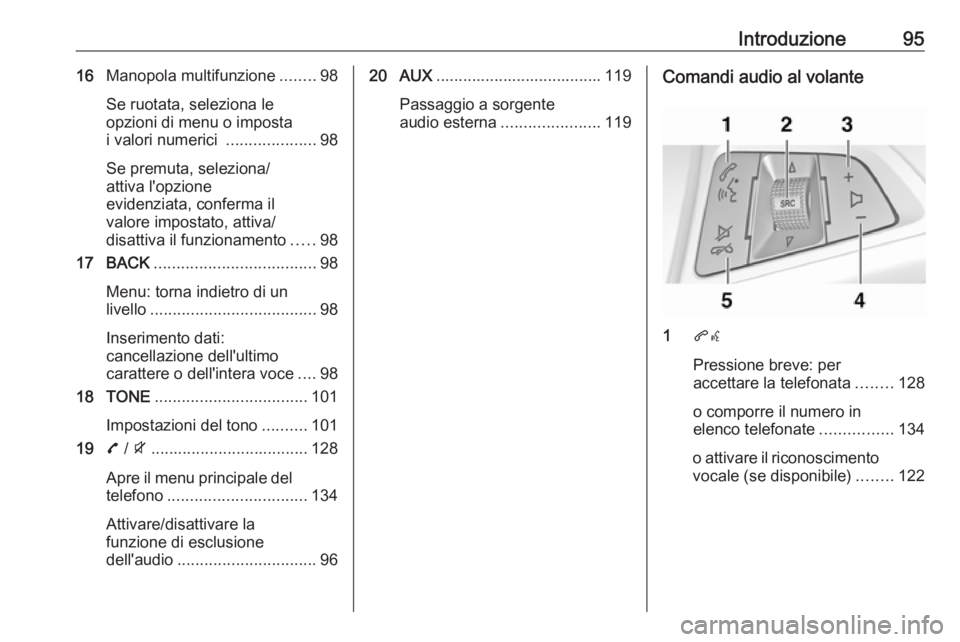 OPEL ZAFIRA C 2016.5 Manuale del sistema Infotainment (in Italian) Introduzione9516Manopola multifunzione ........98
Se ruotata, seleziona le
opzioni di menu o imposta
i valori numerici ....................98
Se premuta, seleziona/
attiva l'opzione
evidenziata, OPEL ZAFIRA C 2016.5 Manuale del sistema Infotainment (in Italian) Introduzione9516Manopola multifunzione ........98
Se ruotata, seleziona le
opzioni di menu o imposta
i valori numerici ....................98
Se premuta, seleziona/
attiva l'opzione
evidenziata,