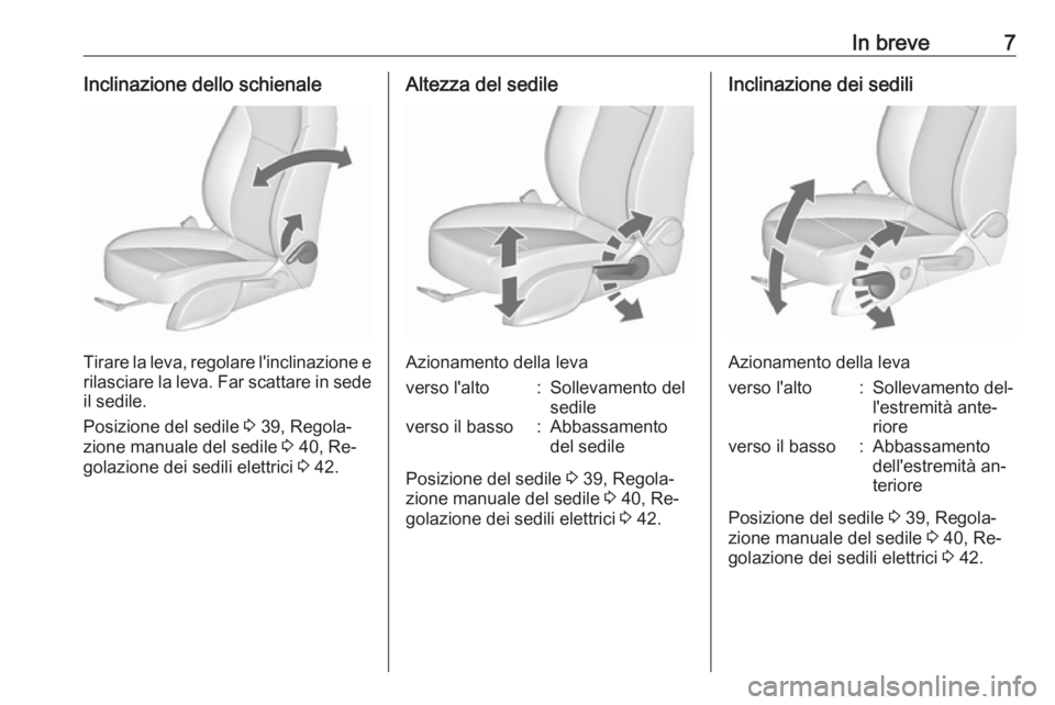 OPEL ZAFIRA C 2016.5  Manuale di uso e manutenzione (in Italian) In breve7Inclinazione dello schienale
Tirare la leva, regolare l'inclinazione erilasciare la leva. Far scattare in sede il sedile.
Posizione del sedile  3 39, Regola‐
zione manuale del sedile  3