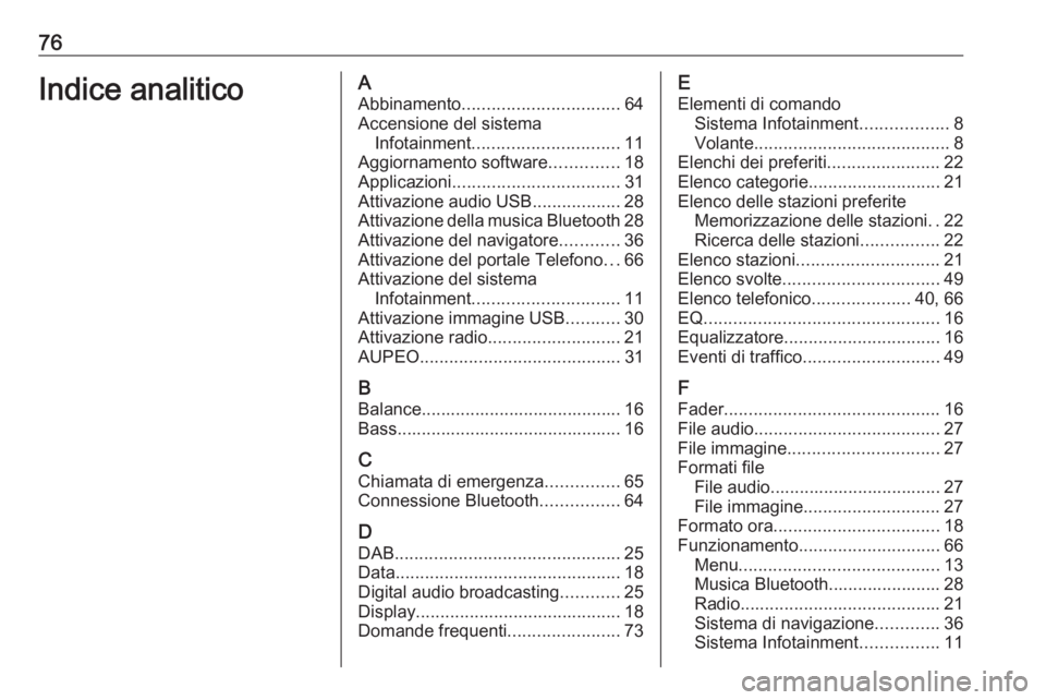 OPEL ZAFIRA C 2017 Manuale del sistema Infotainment (in Italian) 76Indice analiticoAAbbinamento ................................ 64
Accensione del sistema Infotainment .............................. 11
Aggiornamento software ..............18
Applicazioni .......... OPEL ZAFIRA C 2017 Manuale del sistema Infotainment (in Italian) 76Indice analiticoAAbbinamento ................................ 64
Accensione del sistema Infotainment .............................. 11
Aggiornamento software ..............18
Applicazioni ..........