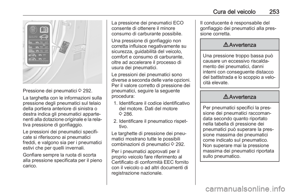 OPEL ZAFIRA C 2017  Manuale di uso e manutenzione (in Italian) Cura del veicolo253
Pressione dei pneumatici 3 292.
La targhetta con le informazioni sulla
pressione degli pneumatici sul telaio
della portiera anteriore di sinistra o
destra indica gli pneumatici app