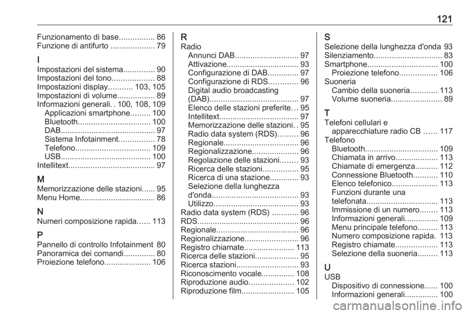 OPEL ZAFIRA C 2017.5 Manuale del sistema Infotainment (in Italian) 121Funzionamento di base................86
Funzione di antifurto ....................79
I
Impostazioni del sistema ..............90
Impostazioni del tono ...................88
Impostazioni display .. OPEL ZAFIRA C 2017.5 Manuale del sistema Infotainment (in Italian) 121Funzionamento di base................86
Funzione di antifurto ....................79
I
Impostazioni del sistema ..............90
Impostazioni del tono ...................88
Impostazioni display ..