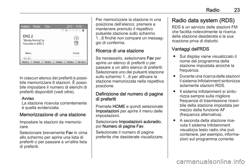 OPEL ZAFIRA C 2017.5 Manuale del sistema Infotainment (in Italian) Radio23
In ciascun elenco dei preferiti è possi‐
bile memorizzare 6 stazioni. È possi‐
bile impostare il numero di elenchi di preferiti disponibili (vedi oltre).
Avviso
La stazione ricevuta corr OPEL ZAFIRA C 2017.5 Manuale del sistema Infotainment (in Italian) Radio23
In ciascun elenco dei preferiti è possi‐
bile memorizzare 6 stazioni. È possi‐
bile impostare il numero di elenchi di preferiti disponibili (vedi oltre).
Avviso
La stazione ricevuta corr
