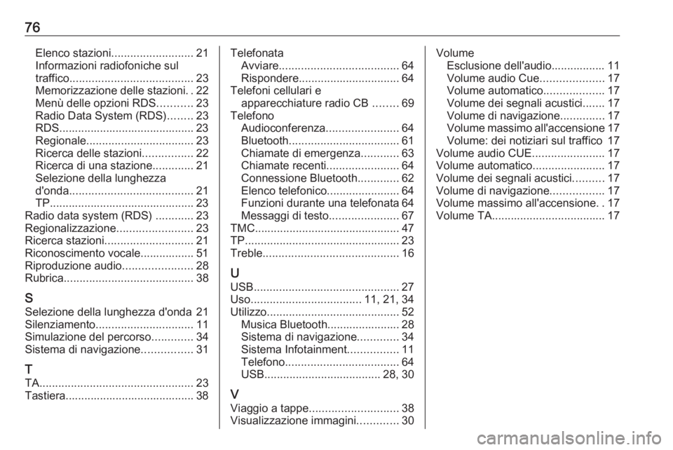 OPEL ZAFIRA C 2017.5 Manuale del sistema Infotainment (in Italian) 76Elenco stazioni.......................... 21
Informazioni radiofoniche sul
traffico ....................................... 23
Memorizzazione delle stazioni ..22
Menù delle opzioni RDS ...........2 OPEL ZAFIRA C 2017.5 Manuale del sistema Infotainment (in Italian) 76Elenco stazioni.......................... 21
Informazioni radiofoniche sul
traffico ....................................... 23
Memorizzazione delle stazioni ..22
Menù delle opzioni RDS ...........2