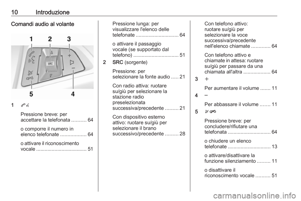 OPEL ZAFIRA C 2017.5 Manuale del sistema Infotainment (in Italian) 10IntroduzioneComandi audio al volante
1qw
Pressione breve: per
accettare la telefonata ..........64
o comporre il numero in
elenco telefonate ..................64
o attivare il riconoscimento vocale OPEL ZAFIRA C 2017.5 Manuale del sistema Infotainment (in Italian) 10IntroduzioneComandi audio al volante
1qw
Pressione breve: per
accettare la telefonata ..........64
o comporre il numero in
elenco telefonate ..................64
o attivare il riconoscimento vocale
