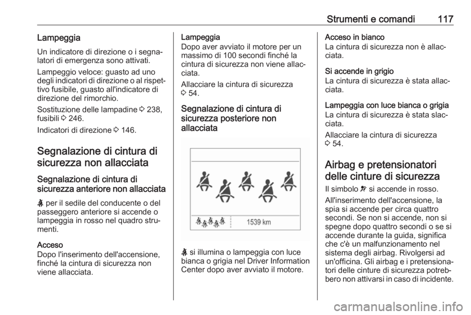 OPEL ZAFIRA C 2017.5  Manuale di uso e manutenzione (in Italian) Strumenti e comandi117LampeggiaUn indicatore di direzione o i segna‐latori di emergenza sono attivati.
Lampeggio veloce: guasto ad uno
degli indicatori di direzione o al rispet‐
tivo fusibile, gua