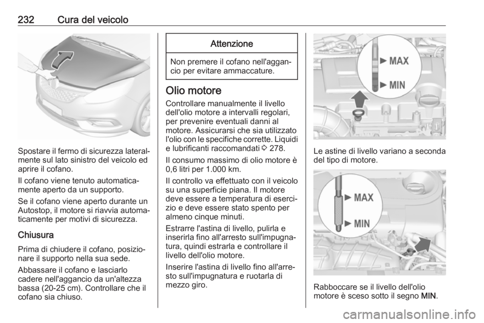 OPEL ZAFIRA C 2017.5  Manuale di uso e manutenzione (in Italian) 232Cura del veicolo
Spostare il fermo di sicurezza lateral‐mente sul lato sinistro del veicolo ed
aprire il cofano.
Il cofano viene tenuto automatica‐
mente aperto da un supporto.
Se il cofano vie