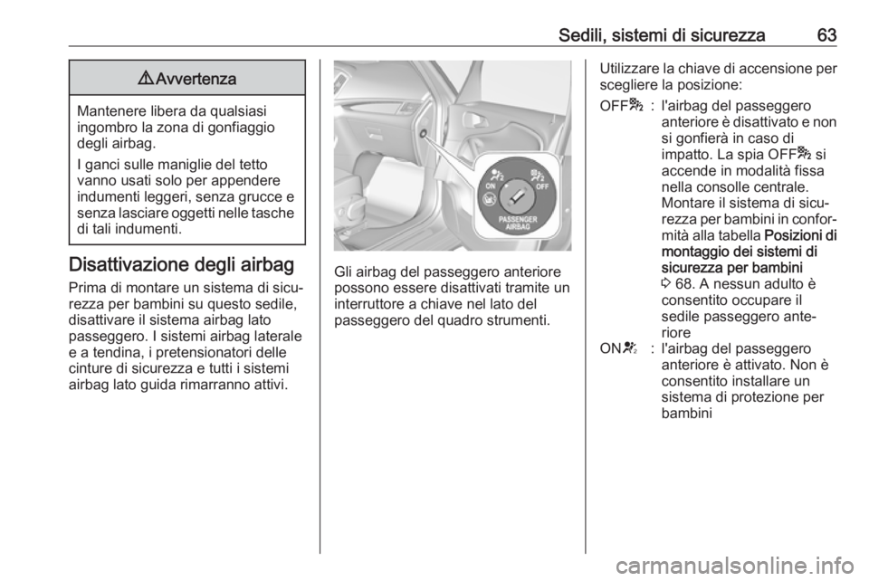 OPEL ZAFIRA C 2017.5  Manuale di uso e manutenzione (in Italian) Sedili, sistemi di sicurezza639Avvertenza
Mantenere libera da qualsiasi
ingombro la zona di gonfiaggio
degli airbag.
I ganci sulle maniglie del tetto
vanno usati solo per appendere
indumenti leggeri, 