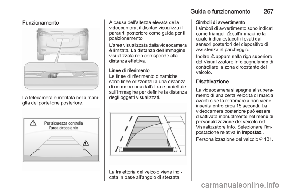 OPEL ZAFIRA C 2018.5 Manuale di uso e manutenzione (in Italian) Guida e funzionamento257Funzionamento
La telecamera è montata nella mani‐
glia del portellone posteriore.
A causa dell'altezza elevata della
videocamera, il display visualizza il
paraurti poste OPEL ZAFIRA C 2018.5 Manuale di uso e manutenzione (in Italian) Guida e funzionamento257Funzionamento
La telecamera è montata nella mani‐
glia del portellone posteriore.
A causa dell'altezza elevata della
videocamera, il display visualizza il
paraurti poste