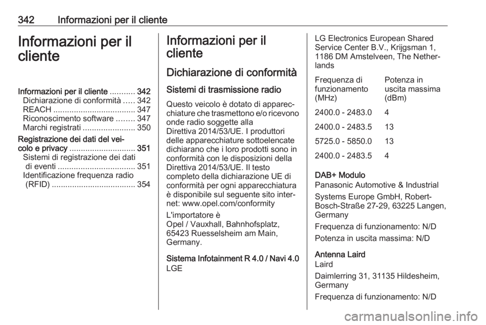 OPEL ZAFIRA C 2018.5  Manuale di uso e manutenzione (in Italian) 342Informazioni per il clienteInformazioni per il
clienteInformazioni per il cliente ...........342
Dichiarazione di conformità .....342
REACH .................................... 347
Riconoscimento 