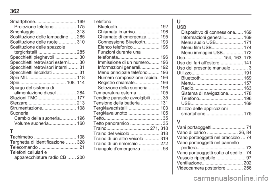 OPEL ZAFIRA C 2018.5 Manuale di uso e manutenzione (in Italian) 362Smartphone................................ 169
Proiezione telefono .................175
Smontaggio ................................ 318
Sostituzione delle lampadine .....285
Sostituzione delle ruo OPEL ZAFIRA C 2018.5 Manuale di uso e manutenzione (in Italian) 362Smartphone................................ 169
Proiezione telefono .................175
Smontaggio ................................ 318
Sostituzione delle lampadine .....285
Sostituzione delle ruo