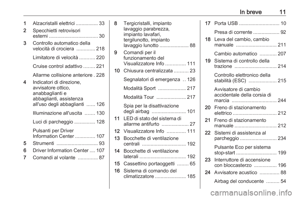 OPEL ZAFIRA C 2019  Manuale di uso e manutenzione (in Italian) In breve111Alzacristalli elettrici ................ 33
2 Specchietti retrovisori
esterni ................................... 30
3 Controllo automatico della
velocità di crociera  .............218
Lim