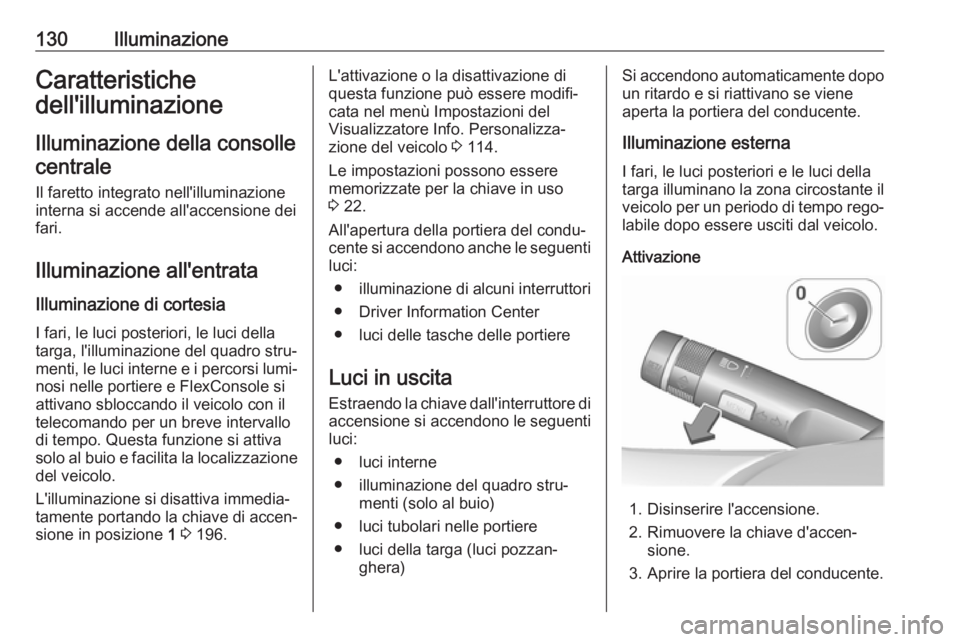 OPEL ZAFIRA C 2019 Manuale di uso e manutenzione (in Italian) 130IlluminazioneCaratteristiche
dell'illuminazione
Illuminazione della consollecentrale
Il faretto integrato nell'illuminazione
interna si accende all'accensione dei
fari.
Illuminazione al OPEL ZAFIRA C 2019 Manuale di uso e manutenzione (in Italian) 130IlluminazioneCaratteristiche
dell'illuminazione
Illuminazione della consollecentrale
Il faretto integrato nell'illuminazione
interna si accende all'accensione dei
fari.
Illuminazione al
