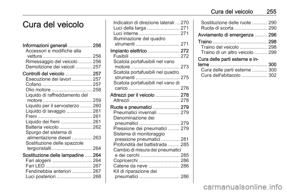 OPEL ZAFIRA C 2019  Manuale di uso e manutenzione (in Italian) Cura del veicolo255Cura del veicoloInformazioni generali.................256
Accessori e modifiche alla vettura .................................... 256
Rimessaggio del veicolo ..........256
Demolizio