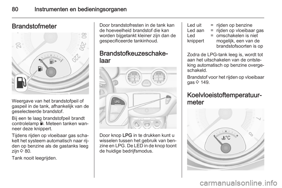 OPEL ADAM 2014.5  Handleiding Infotainment (in Dutch) 80Instrumenten en bedieningsorganenBrandstofmeter
Weergave van het brandstofpeil of
gaspeil in de tank, afhankelijk van de geselecteerde brandstof.
Bij een te laag brandstofpeil brandt
controlelamp  Y