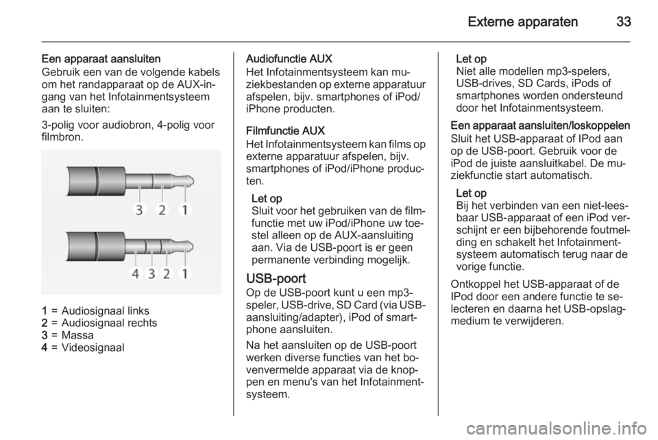 OPEL ADAM 2015  Handleiding Infotainment (in Dutch) Externe apparaten33
Een apparaat aansluiten
Gebruik een van de volgende kabels
om het randapparaat op de AUX-in‐
gang van het Infotainmentsysteem
aan te sluiten:
3-polig voor audiobron, 4-polig voor