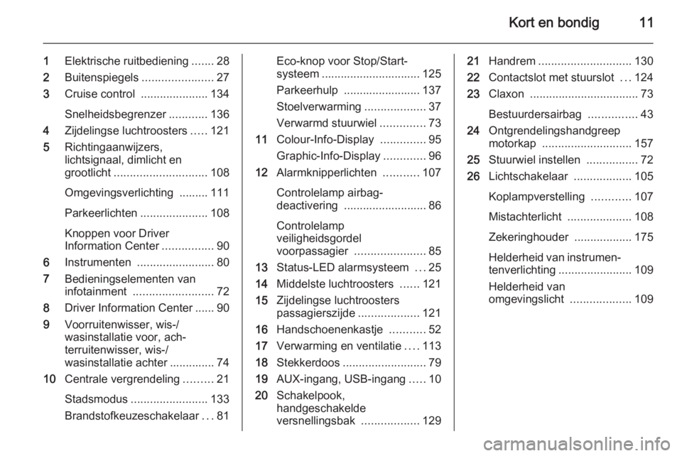 OPEL ADAM 2015  Gebruikershandleiding (in Dutch) Kort en bondig11
1Elektrische ruitbediening .......28
2 Buitenspiegels ......................27
3 Cruise control  .....................134
Snelheidsbegrenzer ............136
4 Zijdelingse luchtrooster