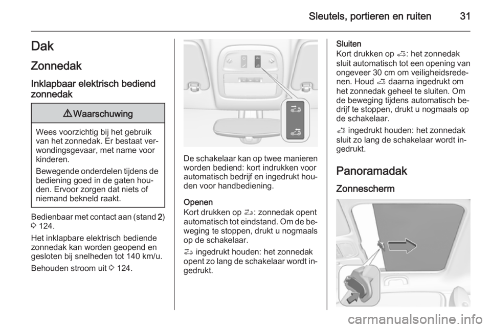OPEL ADAM 2015  Gebruikershandleiding (in Dutch) Sleutels, portieren en ruiten31Dak
Zonnedak Inklapbaar elektrisch bediend
zonnedak9 Waarschuwing
Wees voorzichtig bij het gebruik
van het zonnedak. Er bestaat ver‐ wondingsgevaar, met name voor
kind