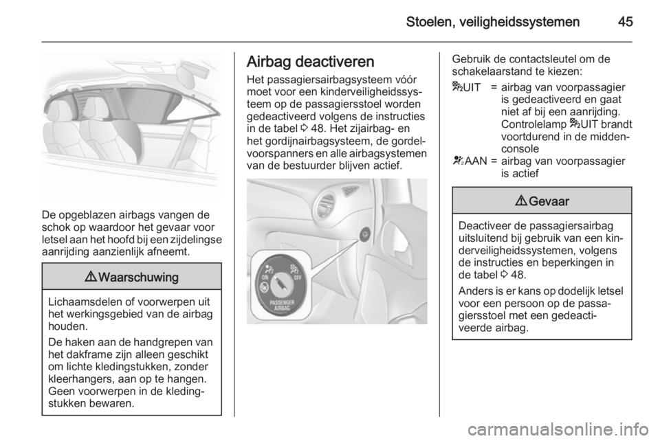 OPEL ADAM 2015  Gebruikershandleiding (in Dutch) Stoelen, veiligheidssystemen45
De opgeblazen airbags vangen de
schok op waardoor het gevaar voor
letsel aan het hoofd bij een zijdelingse aanrijding aanzienlijk afneemt.
9 Waarschuwing
Lichaamsdelen o