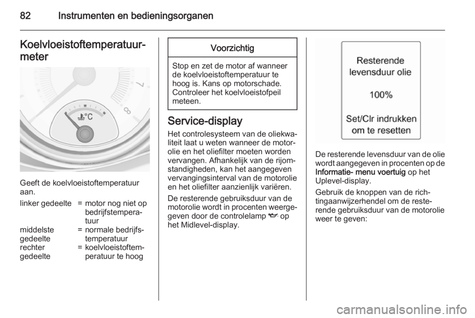 OPEL ADAM 2015  Gebruikershandleiding (in Dutch) 82Instrumenten en bedieningsorganenKoelvloeistoftemperatuur‐
meter
Geeft de koelvloeistoftemperatuur
aan.
linker gedeelte=motor nog niet op
bedrijfstempera‐
tuurmiddelste
gedeelte=normale bedrijfs